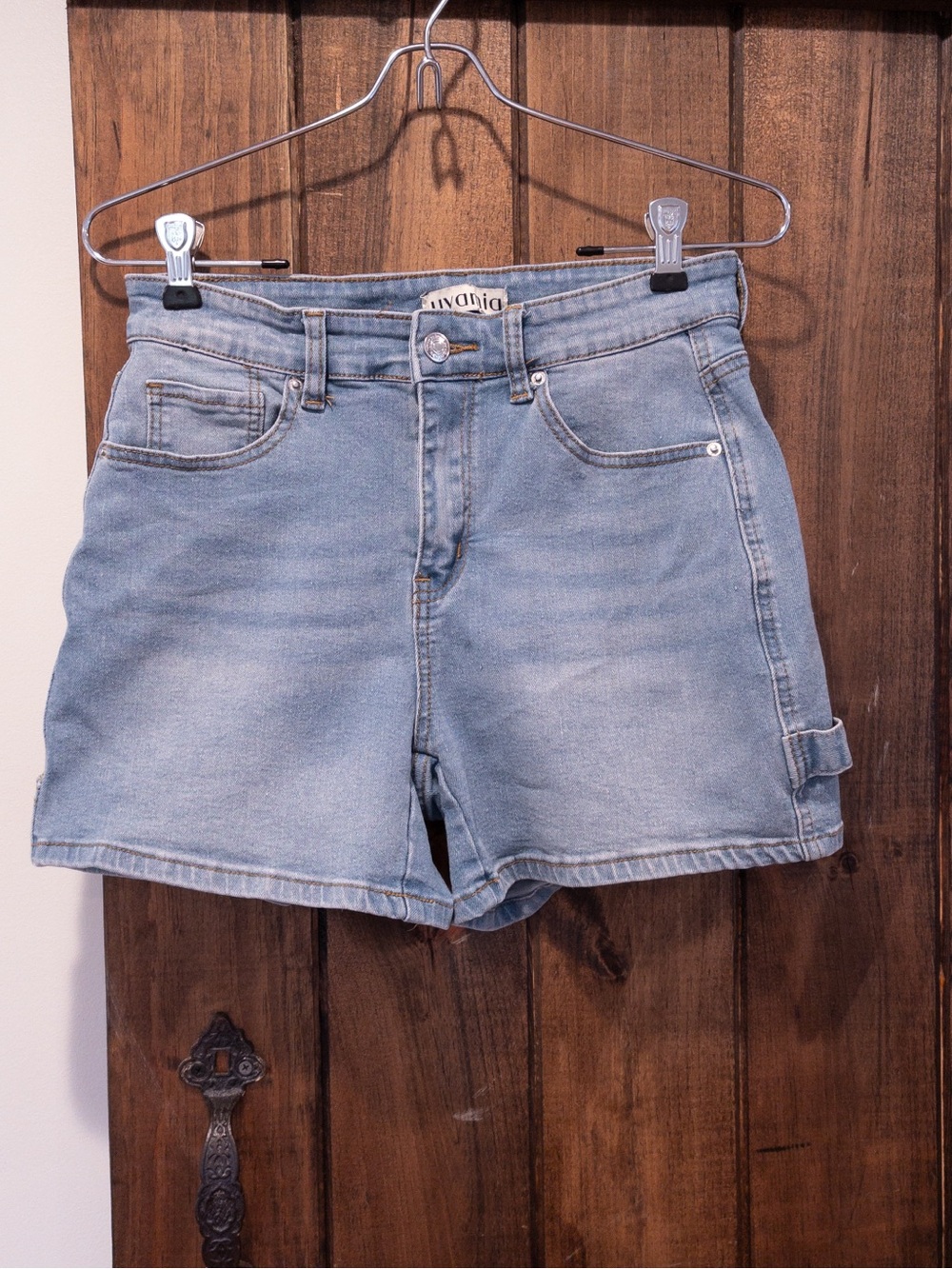 Luvamia Light Wash Stretch Denim Carpenter Utility Jean Shorts Small